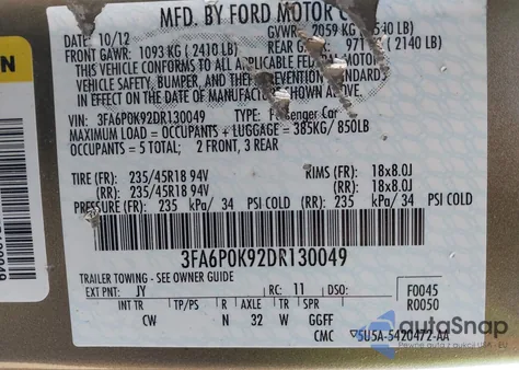 2013 Ford Fusion Titanium from USA, damaged, VIN 3FA6P0K92DR130049